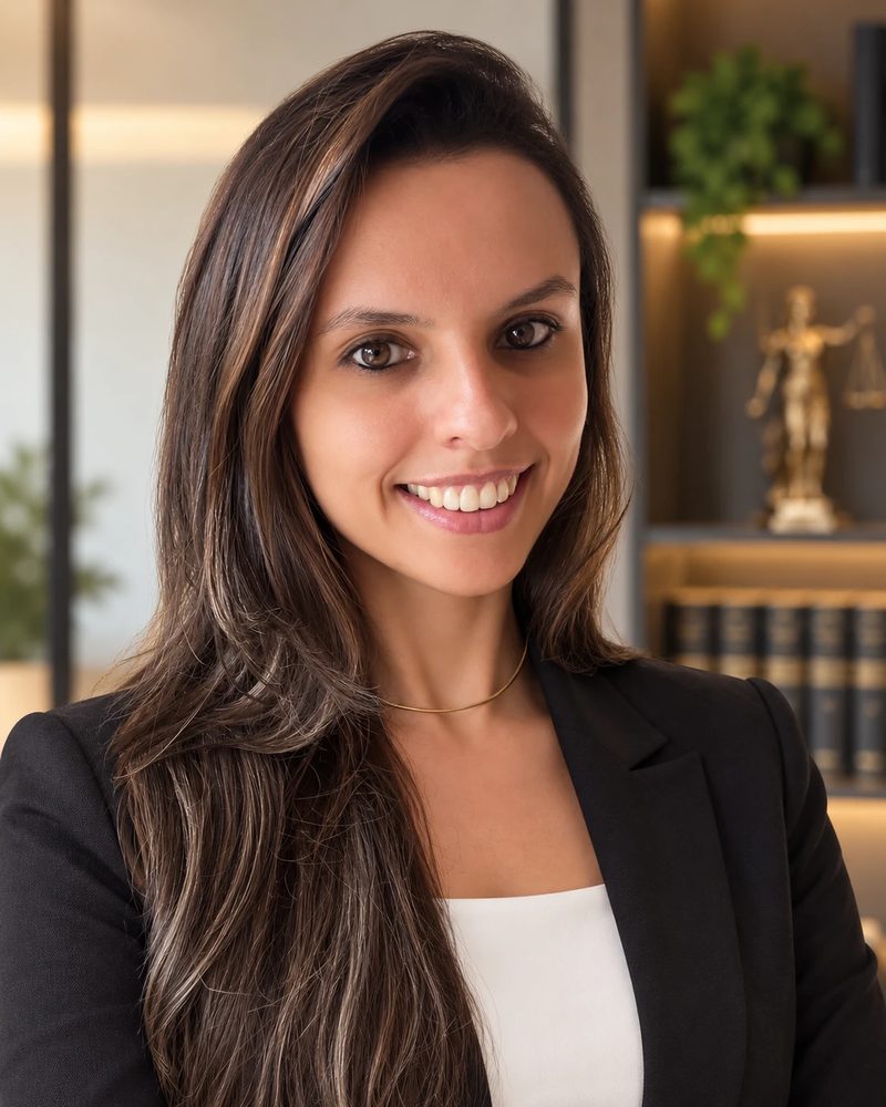 Elusa Teixeira, advogada da equipe, de blazer preto, em frente a uma estante com livros.
