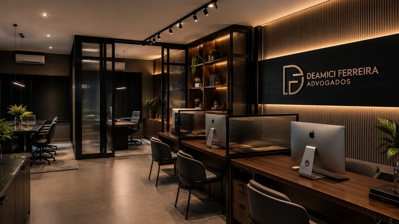 Recepção do escritório Deamici Ferreira Advogados, com o painel iluminado do logo e as mesas de atendimento.
